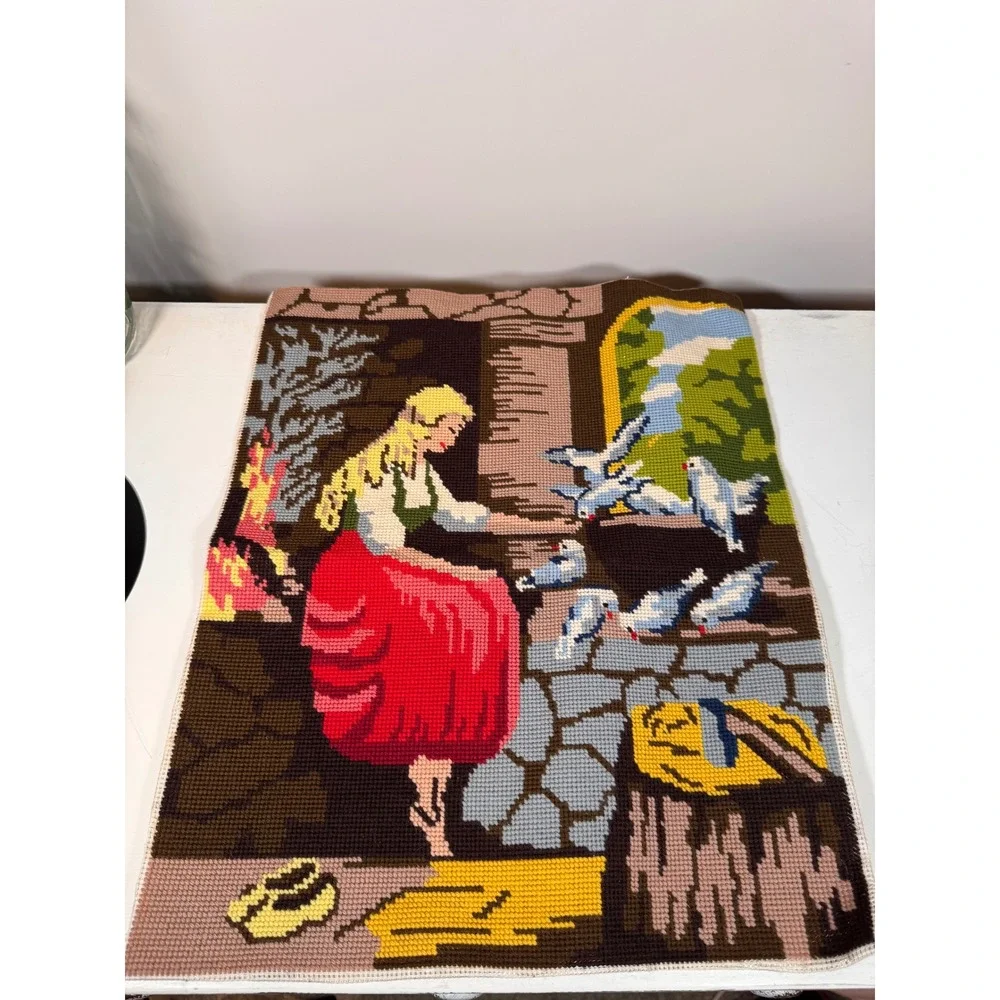 Vintage Finish Needlepoint Tapestry Woman Feeding Birds Finished Canvas 15x19